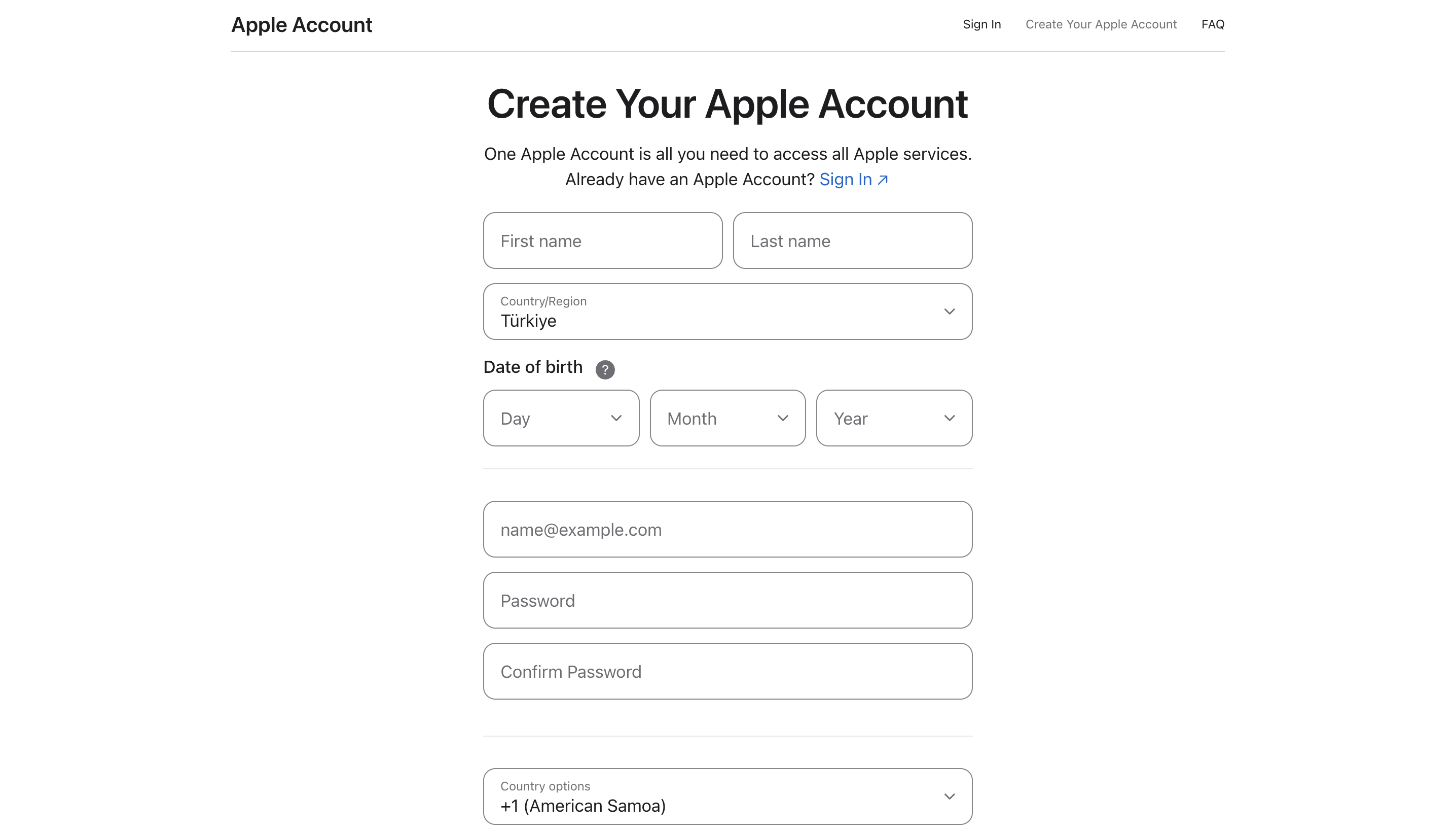 创建 Apple Account 的表单，Country/Region 已选为 Türkiye
