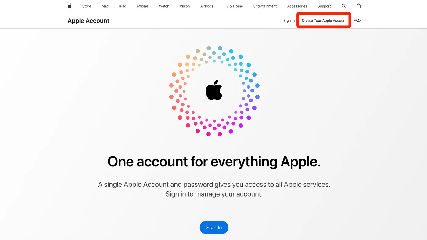 account.apple.com 入口頁，畫面中央是 Create Your Apple Account 按鈕
