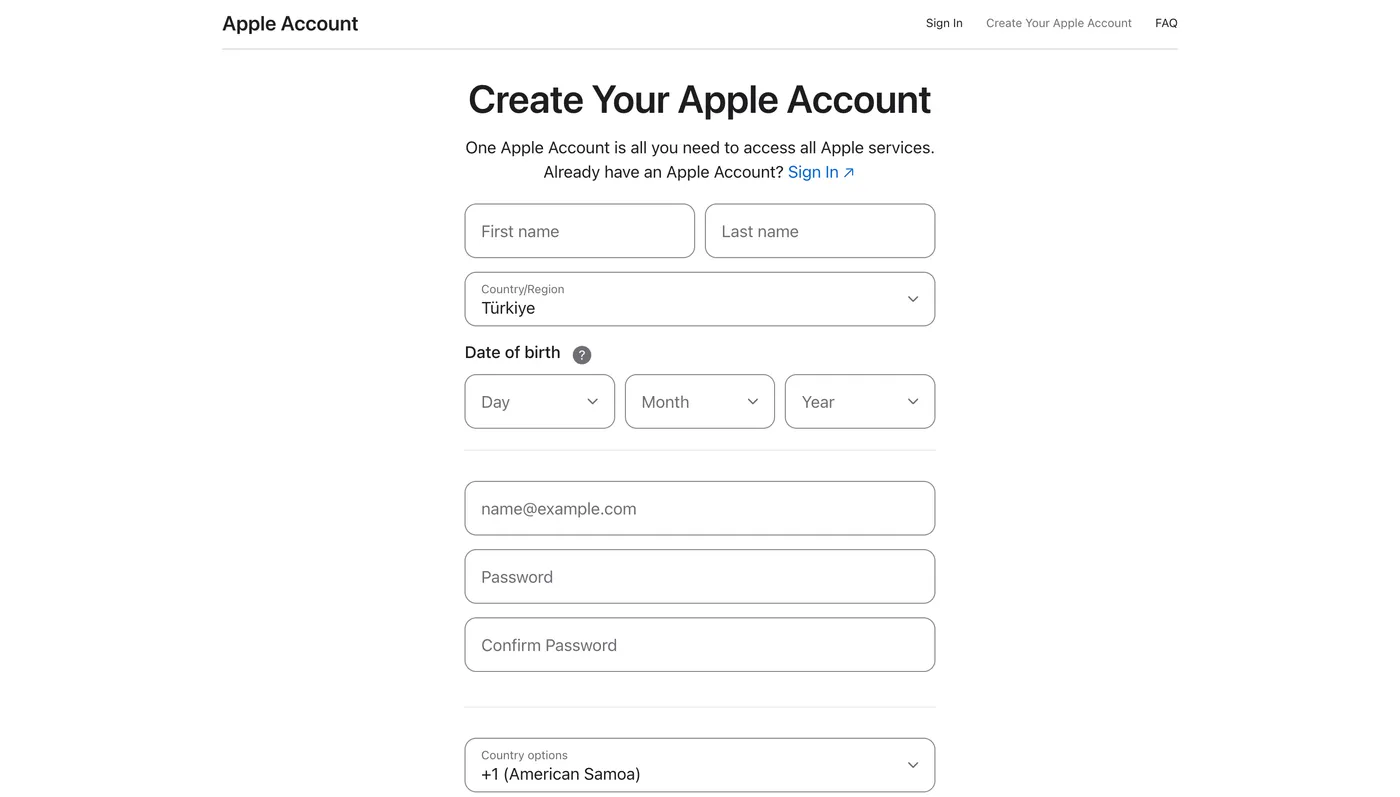 創建 Apple Account 的表單，Country/Region 已選為 Türkiye